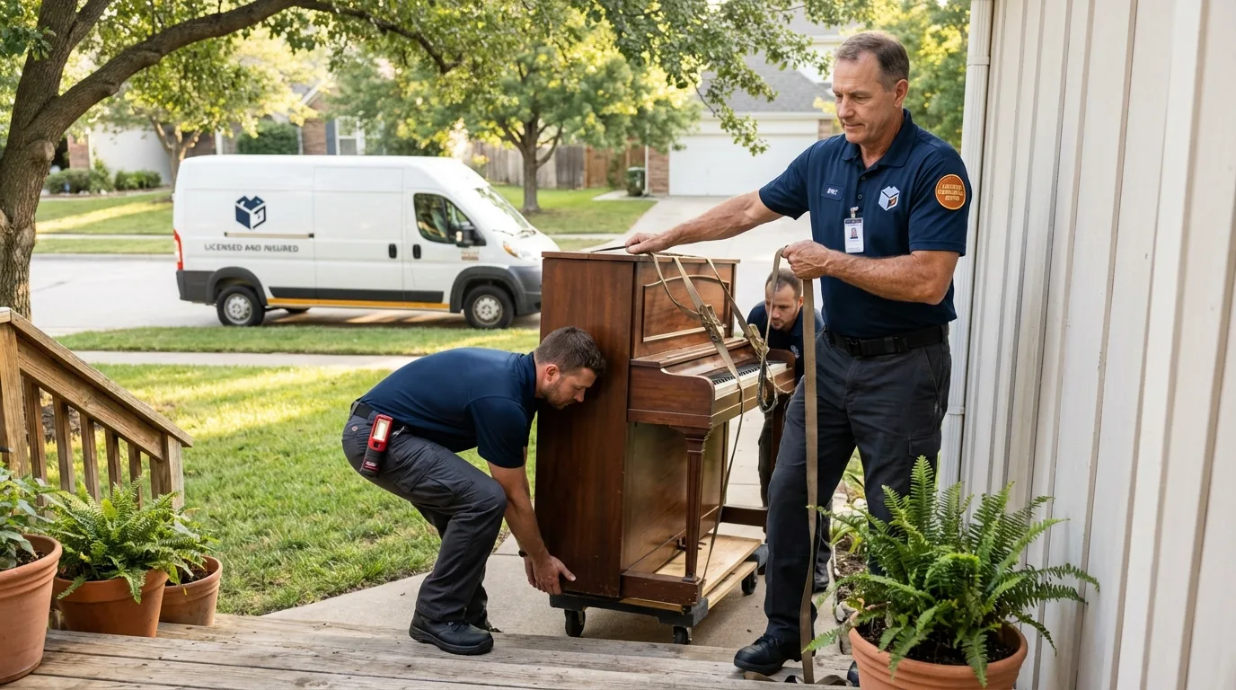 Licensed piano movers securing grand piano in Napa, CA