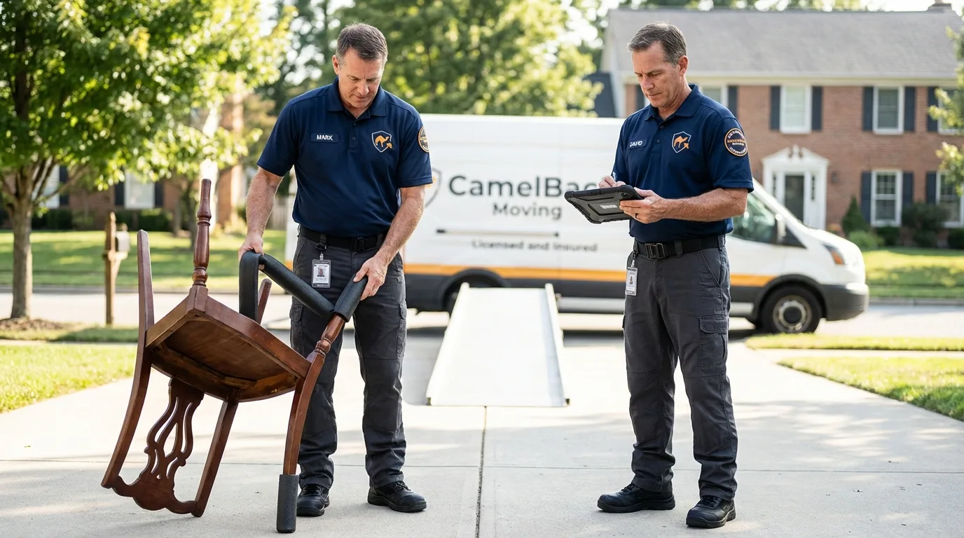 Movers inspecting furniture for damage prevention before loading in Napa, CA