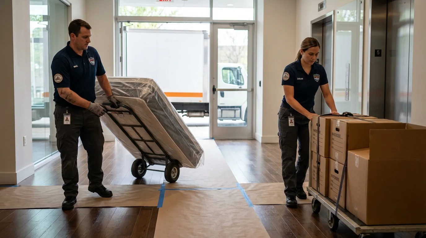 Professional apartment movers loading elevator in Napa, CA